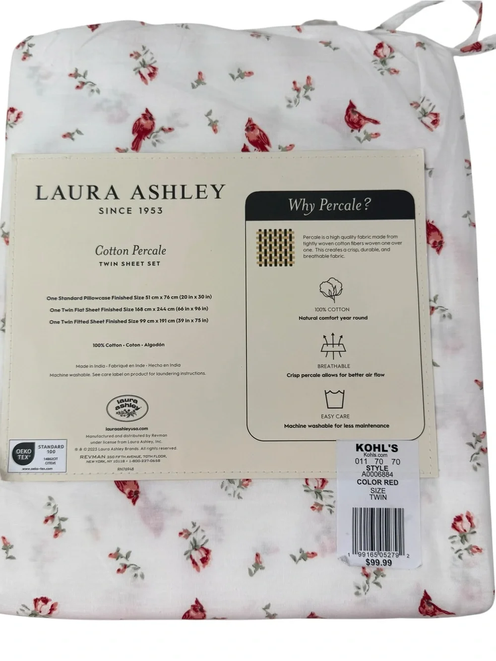 Laura Ashley Twin Sheet Set Cotton Percale Red Cardinal Floral White NEW